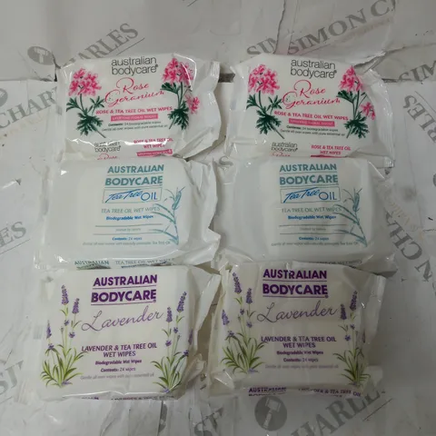 BOX OF 6 ASSORTED AUSTRALIAN BODYCARE OIL WET WIPES TO INCLUDE ROSE AND TEA TREE, TEA TREE, LAVENDER AND TEA TREE.