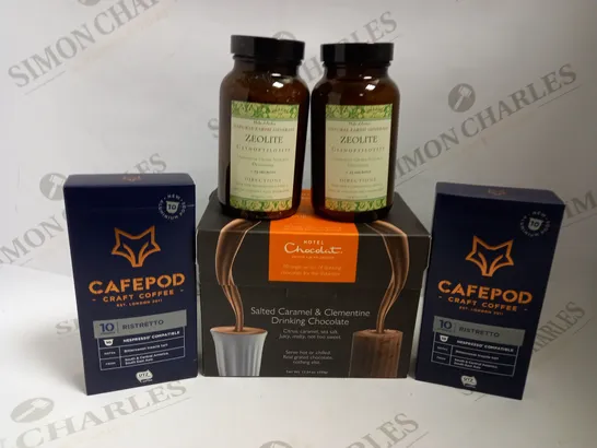 BOX OF APPROX 10 ITEMS TO INCLUDE ASSORTED CAFEPODS, HOT CHOCOLAT AND BOTTLE OF ZEOLITE