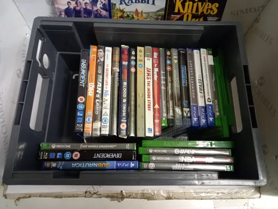 BOX OF APPROX 25 ASSORTED XBOX/PLAYSTATION GAMES AND DVDS INCLUDING PETER RABBIT, KNIVES OUT AND FIFA 23