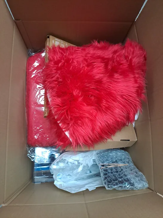 LARGE BOX OF ASSORTED HOUSEHOLD ITEMS TO INCLUDE TRAVEL BOTTLES, WALLPAPER AND YARNS OF WOOL