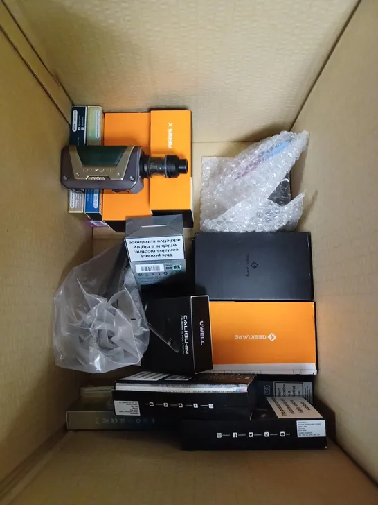 BOX OF APPROXIMATELY 30 E-CIGARETTE PRODUCTS TO INCLUDE GEEKVAPE L200, CALIBURN A2, OXVA XLIM SE ETC