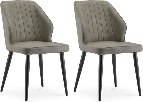 BOXED SET OF 2 DESIGNER FAUX LEATHER GREY DINING CHAIRS WITH BLACK METAL LEGS (1 BOX)