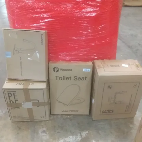 PALLET OF ASSORTED ITEMS INCLUDING TOILET SEAT, BATH TRANSFER BENCH, SINK FAUCET, TOILET RISER