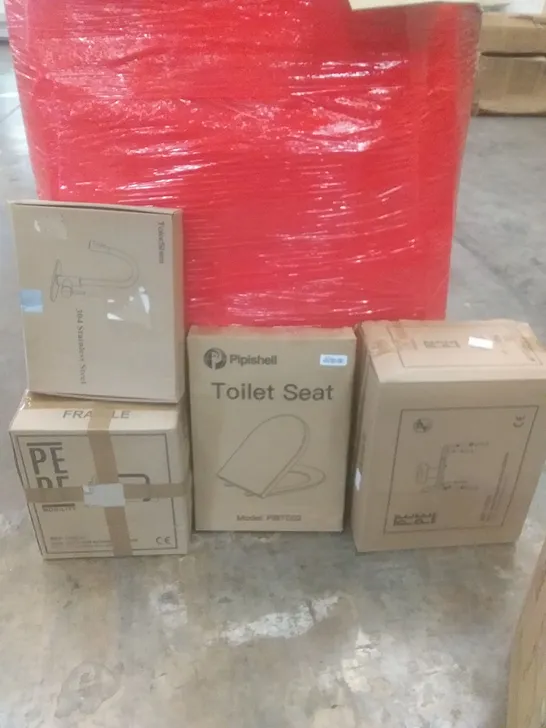 PALLET OF ASSORTED ITEMS INCLUDING TOILET SEAT, BATH TRANSFER BENCH, SINK FAUCET, TOILET RISER