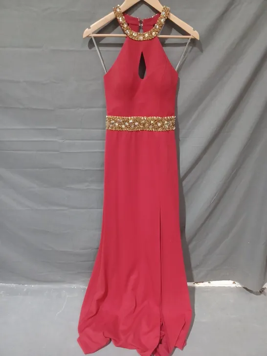 PIA MICHI HALTER NECK FAUX CRYSTAL DETAIL LONG DRESS IN RED - SIZE 36