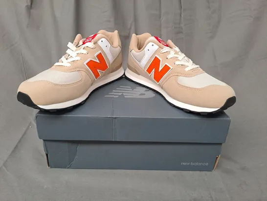 BOXED PAIR OF NEW BALANCE 574 SHOES IN TAN/ORANGE UK SIZE 5