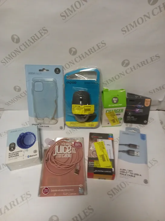 BOX OF APPROXIMATELY 20 ASSORTED ELECTRICAL PRODUCTS TO INCLUDE PHONE CASES, BLUETOOTH SHOWER SPEAKER, WIRELESS MOUSE ETC 