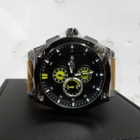 LATOR CALIBRE BLACK & YELLOW CHRONOGRAPH STYLE LEATHER STRAP WATCH