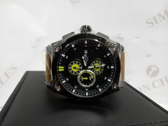 LATOR CALIBRE BLACK & YELLOW CHRONOGRAPH STYLE LEATHER STRAP WATCH RRP £635