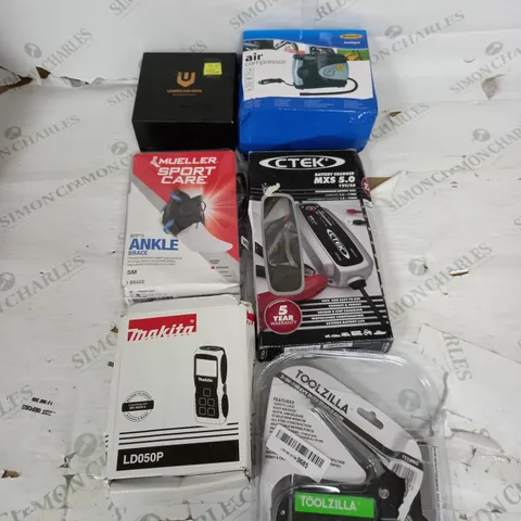 MEDIUM BOX OF APPROXIMATELY 10 ASSORTED HOUSEHOLD GOODS TO INCLUDE MAKITA LD050P, ANKLE SUPPORT, AIR COMPRESSOR, AND CTEK BATTERY CHARGER ETC.