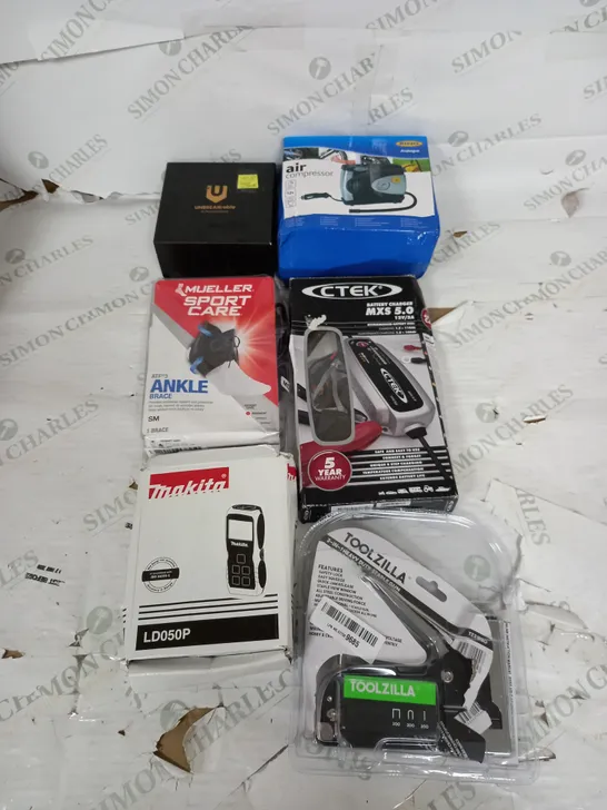 MEDIUM BOX OF APPROXIMATELY 10 ASSORTED HOUSEHOLD GOODS TO INCLUDE MAKITA LD050P, ANKLE SUPPORT, AIR COMPRESSOR, AND CTEK BATTERY CHARGER ETC.