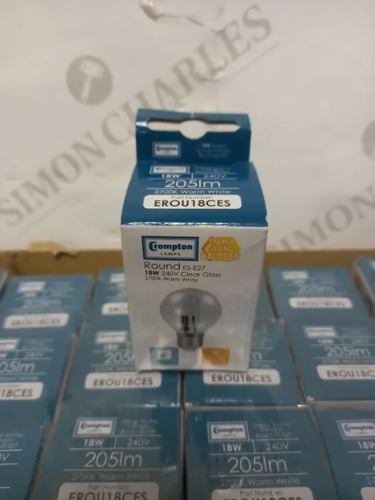 LOT TO CONTAIN 96 CROMPTON ROUND ES-E27 18W 240V CLEAR GLASS 2700K WARM WHITE LIGHT BULBS