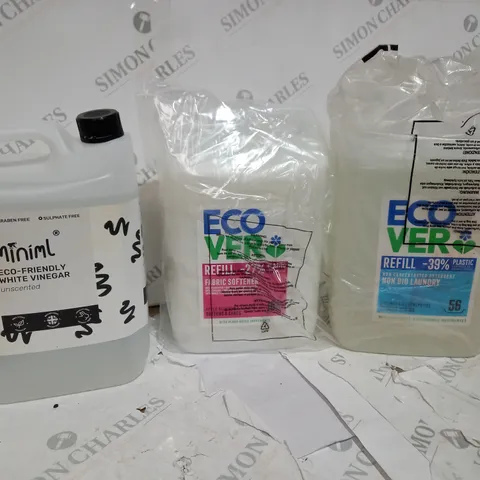 3 ASSORTED LIQUIDS: ECO-FRIENDLY WHITE VINEGAR, FABRIC SOFTENER - COLLECTION ONLY 