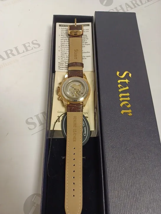 BOXED STAUER GENTS SPEEDWAY AUTOMATIC WATCH GENUINE LEATHER - BROWN & GOLD