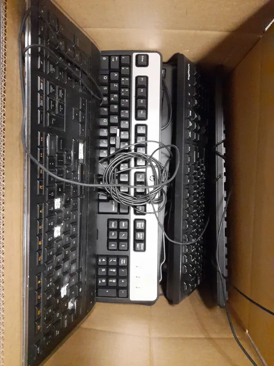 BOX OF APPROXIMATELY 15 ASSORTED KEYBOARDS OF VARYING MODELS TO CONTAIN LOGITECH, HP ETC