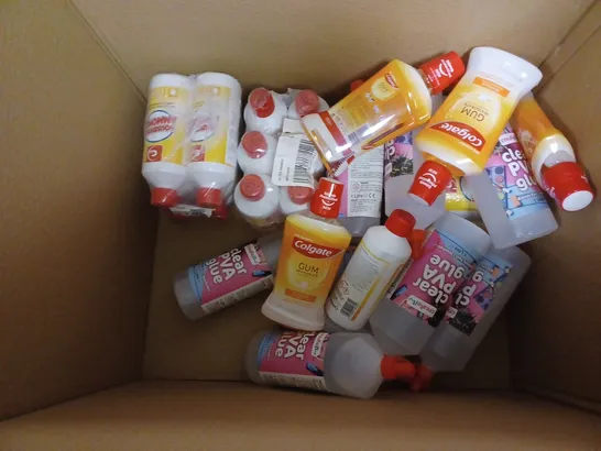 LARGE BOX OF ASSORTED CLEAR PVA GLUE AND COLGATE MOUTHWASH 