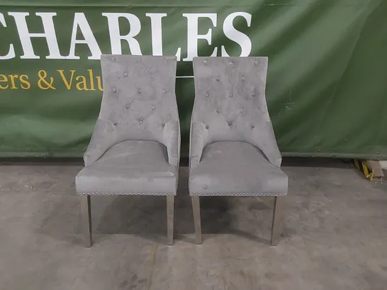 SET OF 2 IMPERIAL GREY VELVET BUTTON BACK DINING CHAIRS WITH CHROME LEGS 