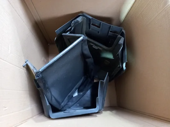 BOX OF ASSORTED GARDEN TOOL PARTS TO INCLUDE LAWNMOWER GRASS COLLECTOR PARTS, DESIGNER GARDEN BLOWER PART, RYOBI LAWNMOWER GRASS COLLECTOR ETC