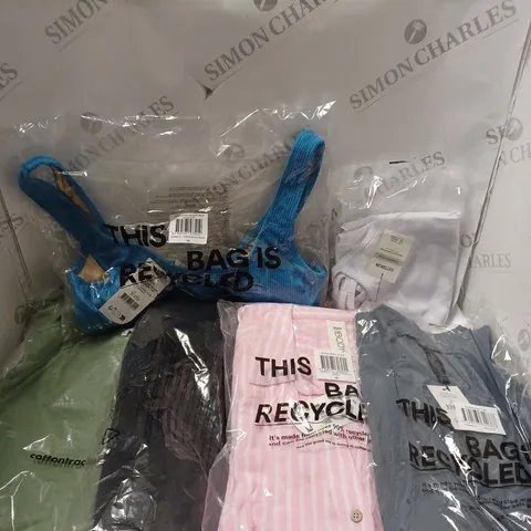 BOX OF APPROXIMATELY 20 ASSORTED CLOTHING PRODUCTS IN VARIOUS BRANDS & SIZES TO INCLUDE SHITS, SHORTS, BIKINI TOPS ETC 