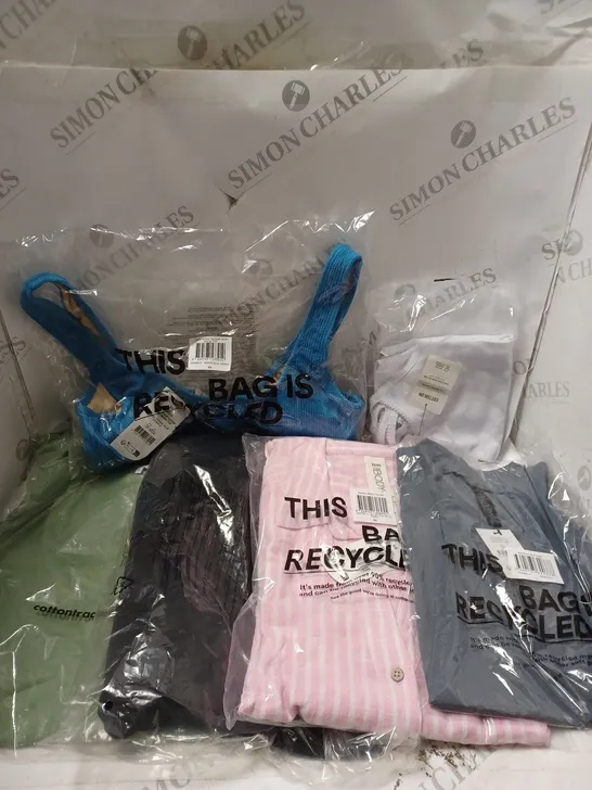 BOX OF APPROXIMATELY 20 ASSORTED CLOTHING PRODUCTS IN VARIOUS BRANDS & SIZES TO INCLUDE SHITS, SHORTS, BIKINI TOPS ETC 