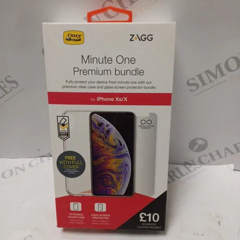 BOX OF APPROXIMATELY 20 ZAGG MINUTE ONE PREMIUM BUNDLE FOR IPHONE XS/X