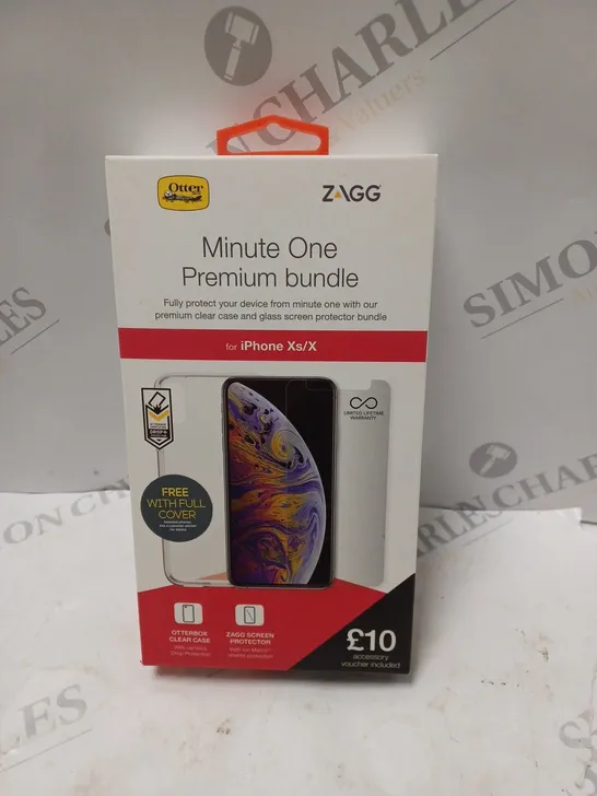 BOX OF APPROXIMATELY 20 ZAGG MINUTE ONE PREMIUM BUNDLE FOR IPHONE XS/X