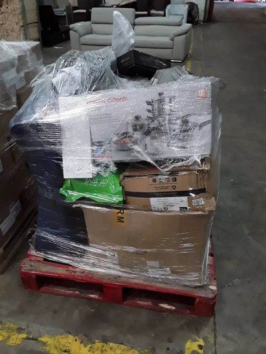PALLET OF ASSORTED PRODUCTS INCLUDING HAIR STRAIGHTENERS, LAWN MOWER, CAT LITTER