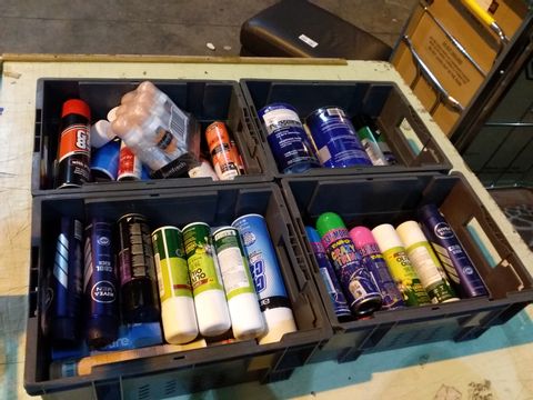 4 TRAYS OF ASSORTED ITEMS TO INCLUDE: ORS SUPER HOLD SPRAY, NIVEA COOL KICK, REGAINE ETC