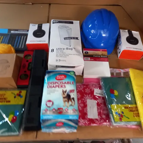 LARGE QUANTITY OF ASSORTED HOUSEHOLD ITEMS TO INCLUDE JIGSAW BLADES, DISCO LIGHT, PROTECTIVE HELMETS HOOVER BAGS