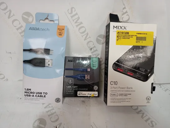 LOT OF APPROXIMATELY 20 ASSORTED HOUSEHOLD ITEMS TO INCLUDE ASDA TECH MICRO USB TO USB-A CABLE, ASDA TECH SYNC AND CHARGE CABLE, MIXX C1 3 PORT POWER BANK, ETC