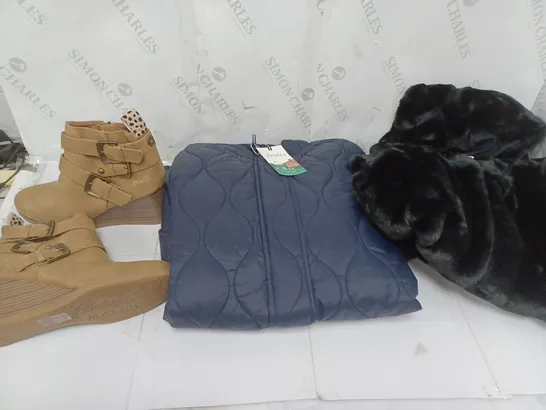 BOX OF 5 ASSORTED CLOTHING ITEMS TO INCLUDE FLUFFY BLACK SLEEVELESS JACKET, BLOWFISH MALIBU SHOES, ETC