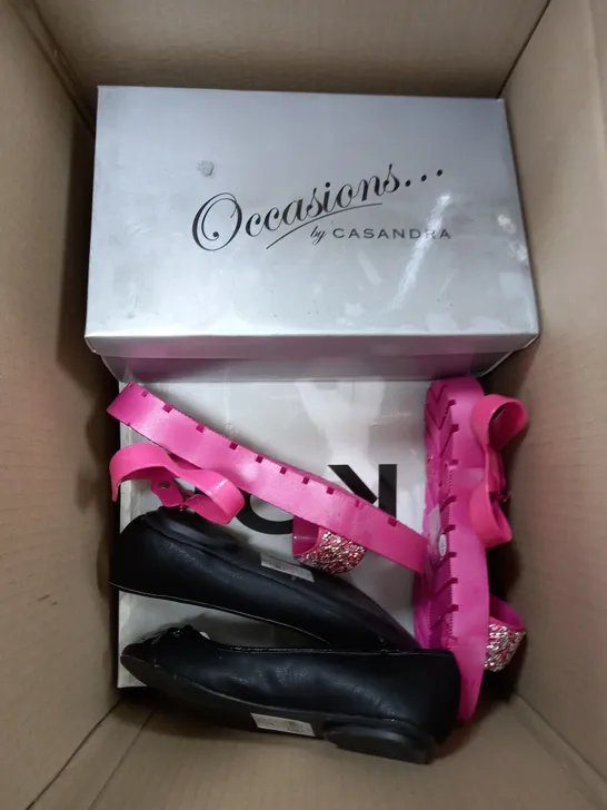 BOX OF APPROXIMATELY 5 PAIRS OF SHOES TO INCLUDE BLACK BOW SHOES, PINK OPEN TOE SANDALS, CHAMPAGNE SATIN HEELS ETC