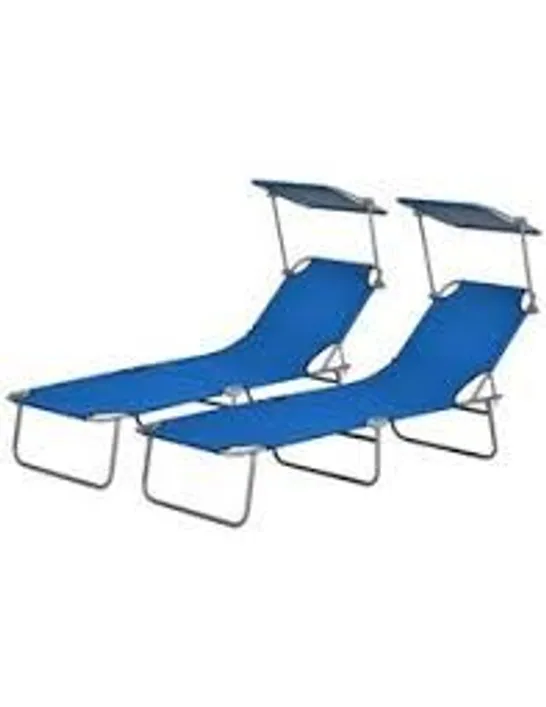 BOXED OUTSUNNY OUTDOOR FOLDABLE SUN LOUNGER SET OF 2, 4 LEVEL ADJUSTABLE BACKREST RECLINING SUN LOUNGER CHAIR WITH ANGLE ADJUST SUN SHADE AWNING FOR BEACH, GARDEN, PATIO, BLUE