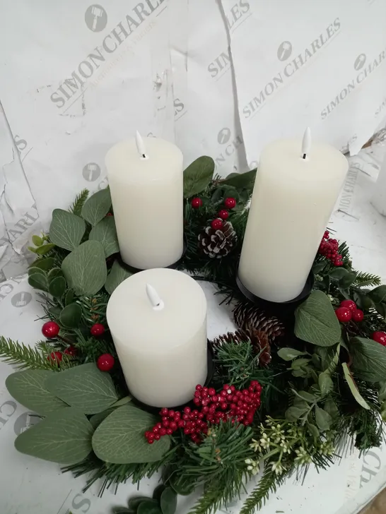 HOME REFLECTIONS 3 IN 1 FLAMELESS CANDLE WITH WREATH SET RED BERRY