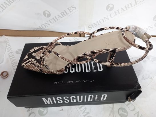 BOXED PAIR OF MISSGUIDED CROSSOVER SNAKE PRINT HEEL SANDALS - UK 5