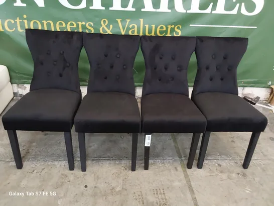 SET OF FOUR UPHOLSTERED BUTTONED RING BACK DINING CHAIRS BLACK PLUSH FABRIC ON BLACK LEGS 