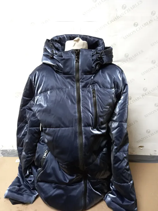 NUAGE LIQUID SHINE 3/4 COAT WITH SIDE ZIPPERS & HOOD BLUE EXTRA LARGE