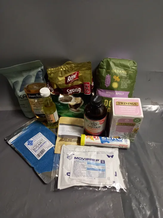 APPROXIMATELY 10 ASSORTED FOOD/DRINK PRODUCTS TO INCLUDE - TWININGS MENOPAUSE TEA BAGS - THE GROOVY FOOD AGAVE NECTAR - DOVES FARM WHITE SPELT FLOUR - ETC