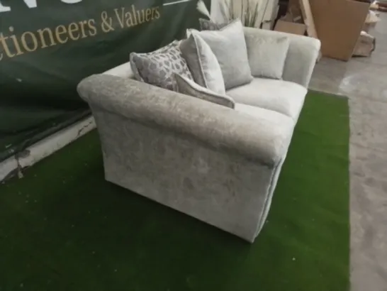 DESIGNER VESPER GREY FABRIC TWO SEATER SOFA WITH STUDDED ARM DETAIL