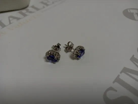 DESIGNER 18CT WHITE GOLD HALO EARRINGS SET WITH OVAL CUT TANZANITE AND DIAMONDS, WEIGHT +-1.83CT