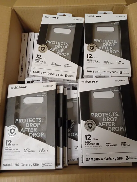 LOT OF APPROX. 80 BRAND NEW BOXED TECH 21 T21-6949 SMOKEY BLACK EVO CHECK CASE COVER WITH 12FT DROP PROTECTION AND ANTI-MICROBIAL PROTECTION FOR SAMSUNG GALAXY S10+