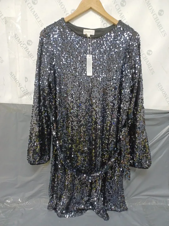 APRICOT PUFF SLEEVE DRESS IN SEQUIN GUNMETAL - SIZE 14