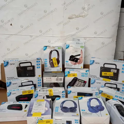 LOT OF APROX 15 ONN PRODUCTS TO INCLUDE PORTABLE RADIO , HEADPHONES , SPEAKER ECT
