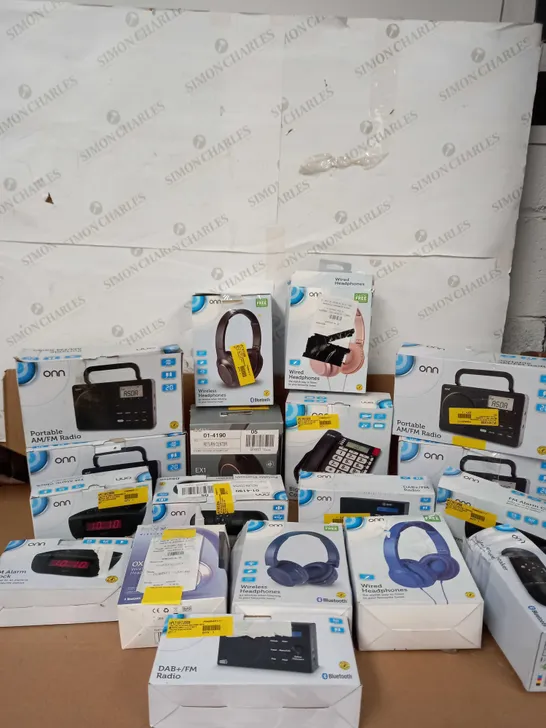 LOT OF APROX 15 ONN PRODUCTS TO INCLUDE PORTABLE RADIO , HEADPHONES , SPEAKER ECT