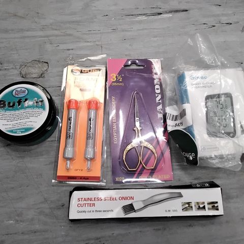 TOTE OF ASSORTED ITEMS INCLUDING BUFF-IT POLISH, FOAM PELLET WAGGLER, JANOME EGYPTIAN EMBROIDERY SCISSORS, SMART THERMO-HYGROMETER, STAINLESS STEEL ONION CUTTER