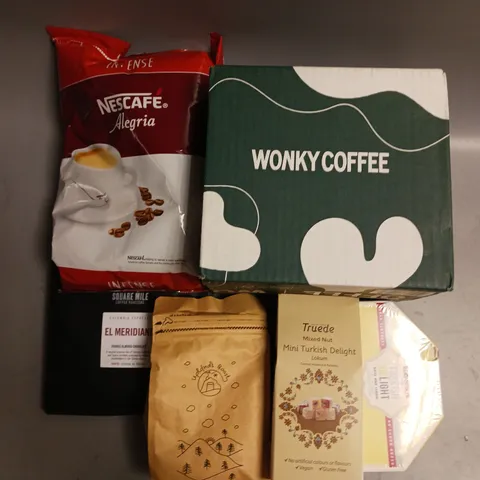 BOX OF APPROX 8 ASSORTED FOOD ITEMS TO INCLUDE - WONKY COFFEE - TRUEDE MINI TURKISH DELIGHT - NESCAFE ALEGRIA INSTANT COFFEE ETC