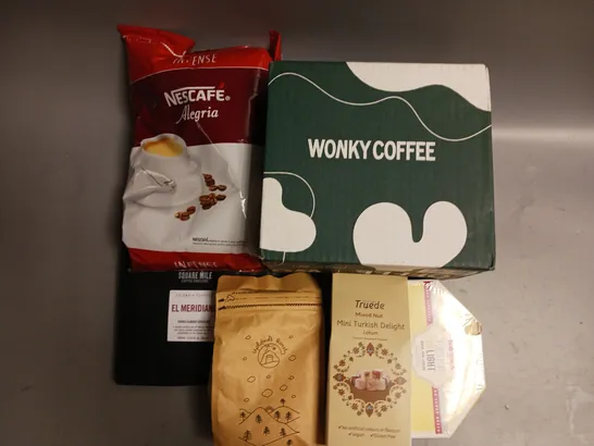 BOX OF APPROX 8 ASSORTED FOOD ITEMS TO INCLUDE - WONKY COFFEE - TRUEDE MINI TURKISH DELIGHT - NESCAFE ALEGRIA INSTANT COFFEE ETC