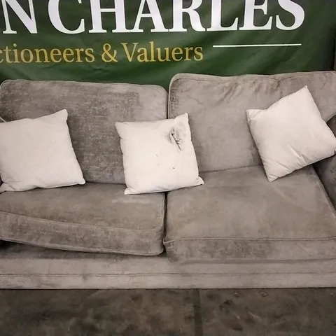 DESIGNER SILVER PLUSH FABRIC 3 SEATER SOFA WITH SCATTERBACK CUSHIONS