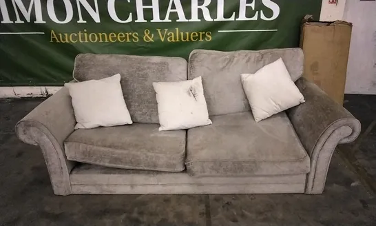 DESIGNER SILVER PLUSH FABRIC 3 SEATER SOFA WITH SCATTERBACK CUSHIONS