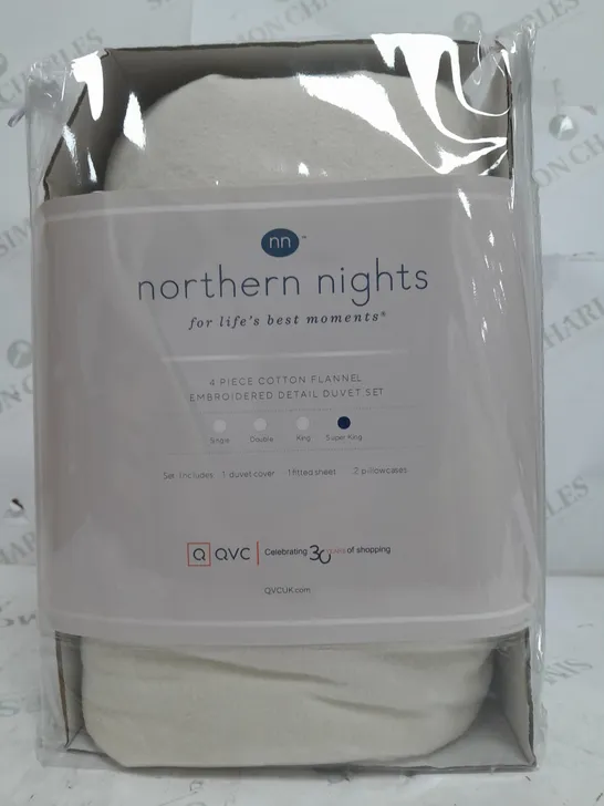 BOXED NORTHERN NIGHTS 100% COTTON 4PC FLANNEL DUVET SET IN CREAM - SUPER KING